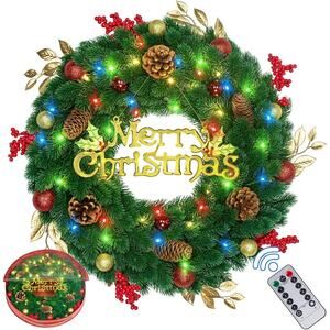 24 Inch Pre-Lit Artificial Christmas Wreath 45 LED‎ Lights Battery Remote Timer